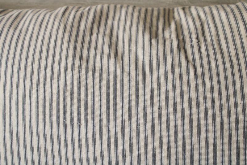 photo of primitive vintage feather pillow, old blue striped cotton ticking fabric  #3