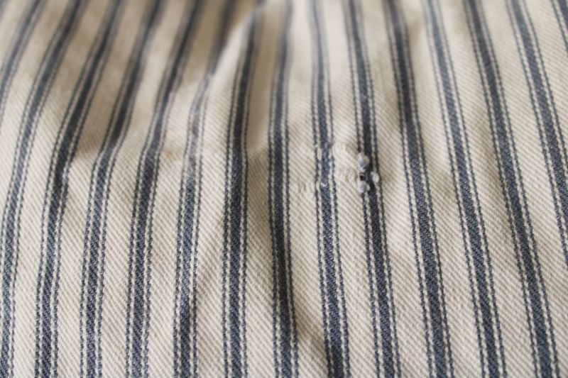 photo of primitive vintage feather pillow, old blue striped cotton ticking fabric  #4