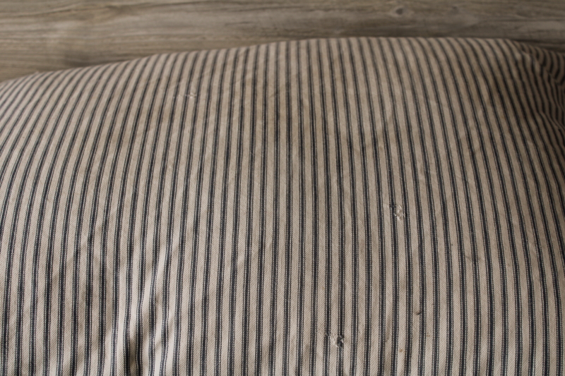 photo of primitive vintage feather pillow, old blue striped cotton ticking fabric  #6