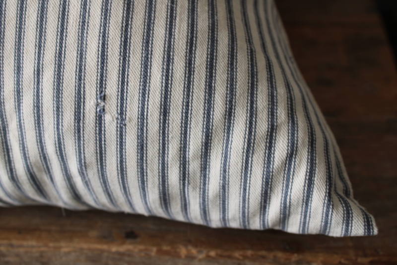 photo of primitive vintage feather pillow, old blue striped cotton ticking fabric  #8