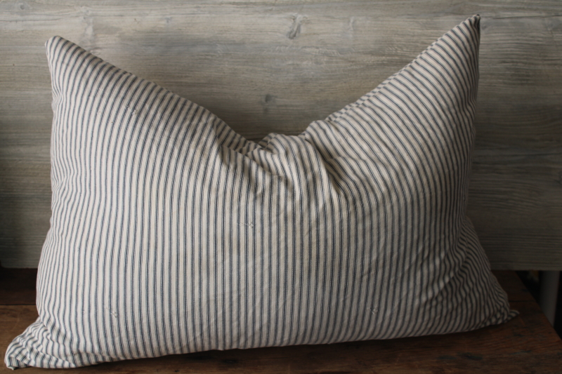 photo of primitive vintage feather pillow, old blue striped cotton ticking fabric  #9