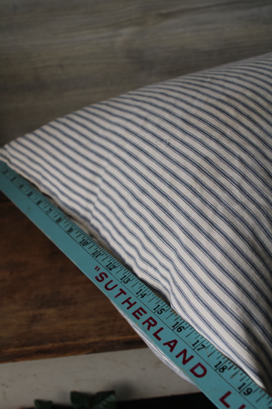 photo of primitive vintage feather pillow, old blue striped cotton ticking fabric  #10