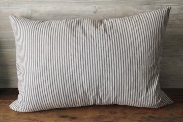 catalog photo of primitive vintage feather pillow, old blue striped cotton ticking fabric 