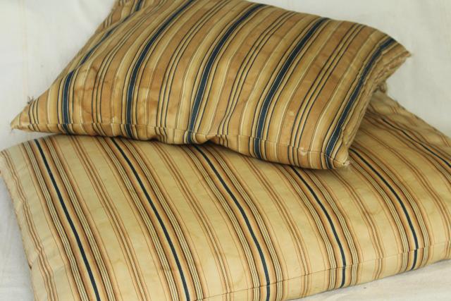 photo of primitive vintage feather pillows w/ wide stripe brown & blue cotton ticking fabric #1