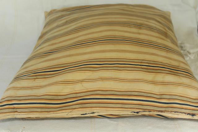 photo of primitive vintage feather pillows w/ wide stripe brown & blue cotton ticking fabric #2