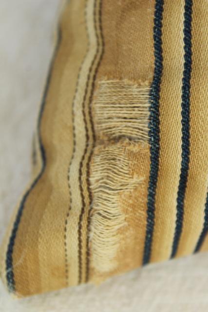 photo of primitive vintage feather pillows w/ wide stripe brown & blue cotton ticking fabric #7