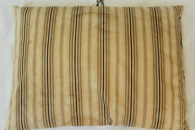 photo of primitive vintage feather pillows w/ wide stripe brown & blue cotton ticking fabric #10