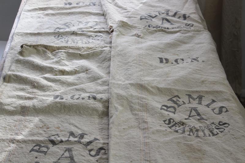 photo of primitive vintage grain sacks, Bemis seamless heavy soft washed cotton feed bags #1