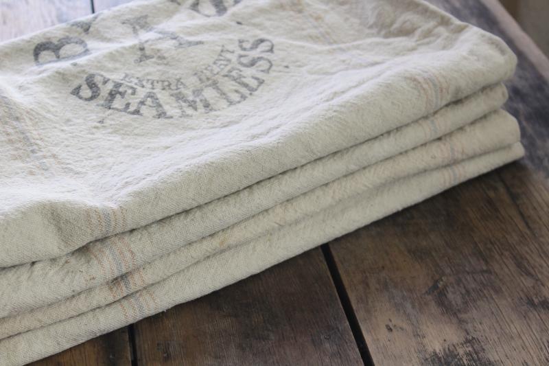 photo of primitive vintage grain sacks, Bemis seamless heavy soft washed cotton feed bags #9