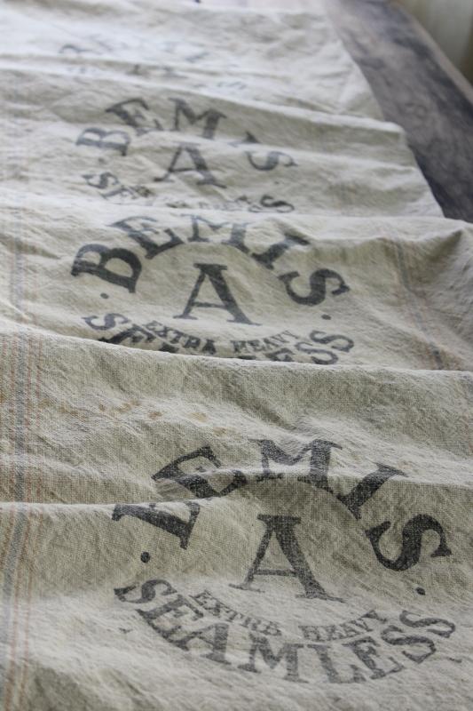 photo of primitive vintage grain sacks, Bemis seamless heavy soft washed cotton feed bags #11