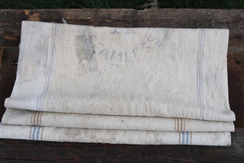 photo of primitive vintage grain sacks w/ muted stripes, seamless type heavy cotton feed bags #2