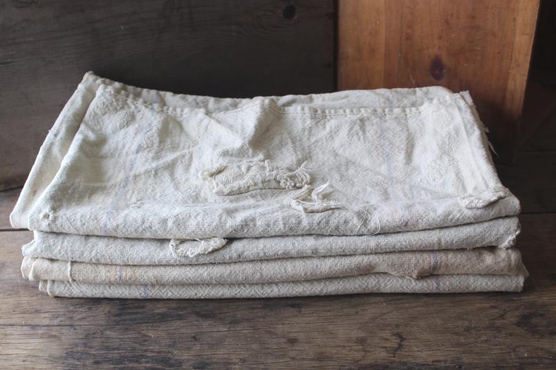 photo of primitive vintage grain sacks w/ patching and mending, seamless type heavy cotton feed bags #1