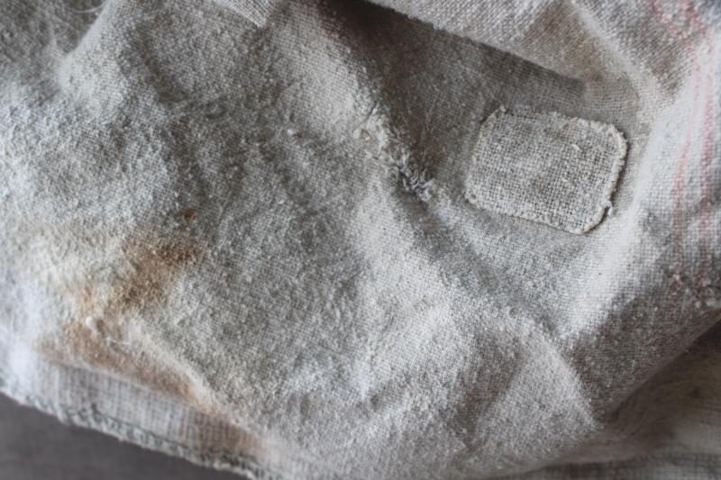 photo of primitive vintage grain sacks w/ patching and mending, seamless type heavy cotton feed bags #2