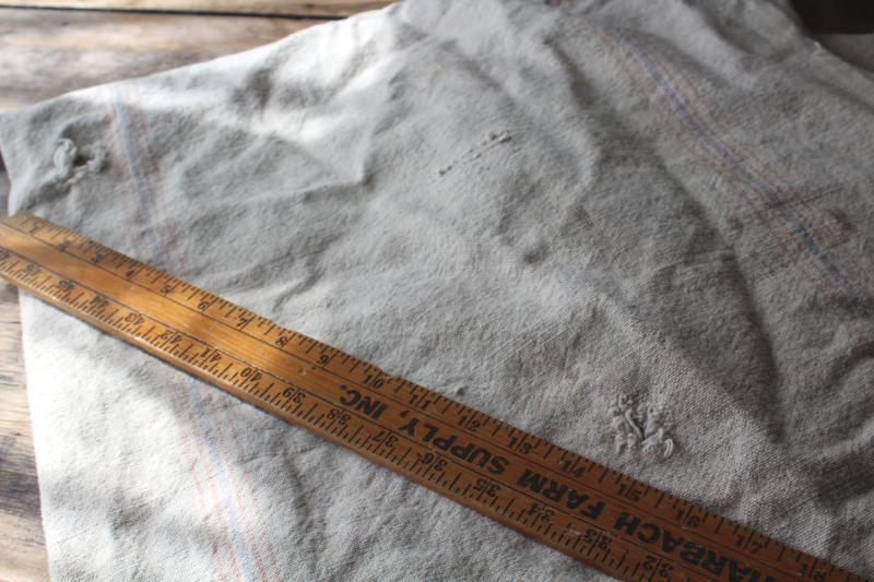 photo of primitive vintage grain sacks w/ patching and mending, seamless type heavy cotton feed bags #3