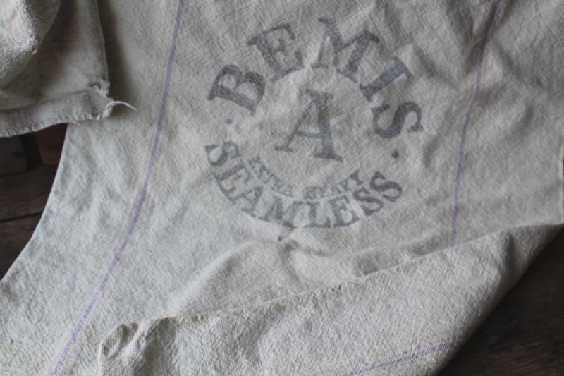 photo of primitive vintage grain sacks w/ patching and mending, seamless type heavy cotton feed bags #7