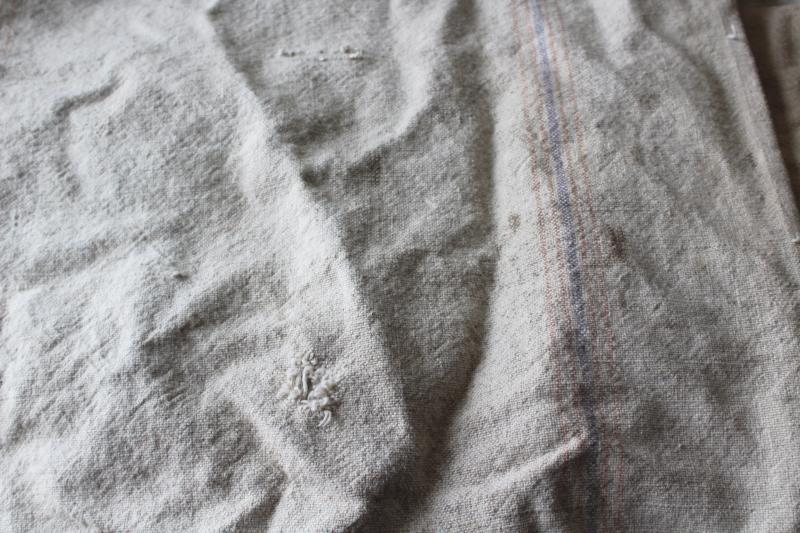 photo of primitive vintage grain sacks w/ patching and mending, seamless type heavy cotton feed bags #9