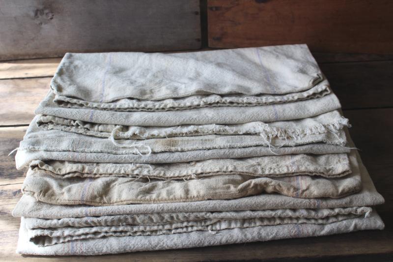 photo of primitive vintage grain sacks w/ patching and mending, seamless type heavy cotton feed bags #10