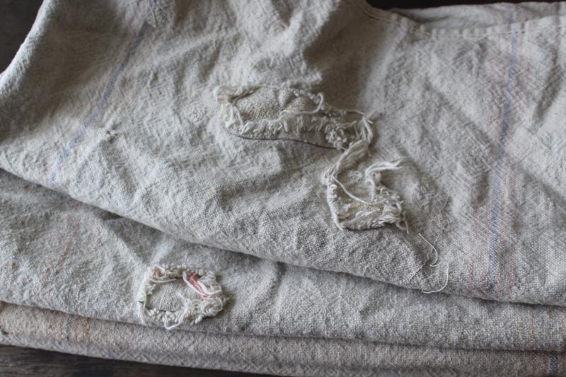 photo of primitive vintage grain sacks w/ patching and mending, seamless type heavy cotton feed bags #12