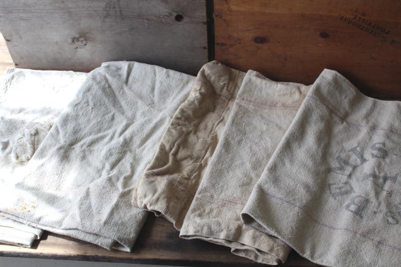 photo of primitive vintage grain sacks w/ patching and mending, seamless type heavy cotton feed bags #13