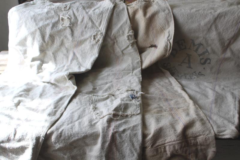 photo of primitive vintage grain sacks w/ patching and mending, seamless type heavy cotton feed bags #14