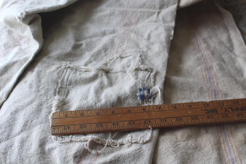 photo of primitive vintage grain sacks w/ patching and mending, seamless type heavy cotton feed bags #15