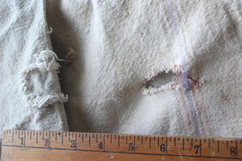 photo of primitive vintage grain sacks w/ patching and mending, seamless type heavy cotton feed bags #16