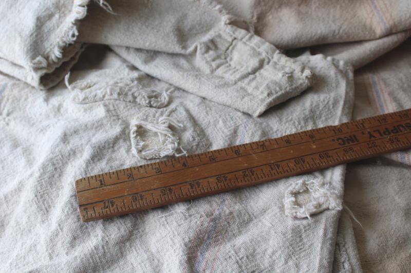 photo of primitive vintage grain sacks w/ patching and mending, seamless type heavy cotton feed bags #17