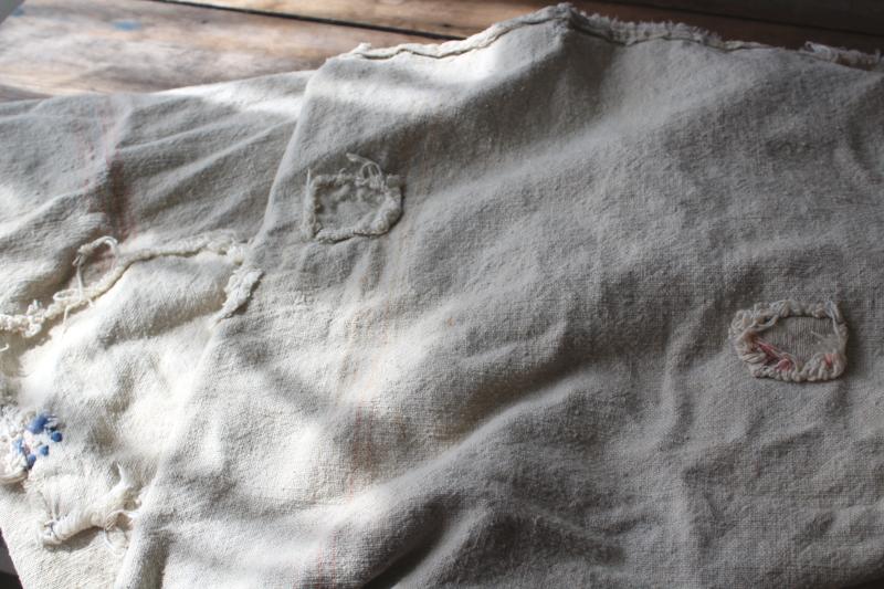 photo of primitive vintage grain sacks w/ patching and mending, seamless type heavy cotton feed bags #18