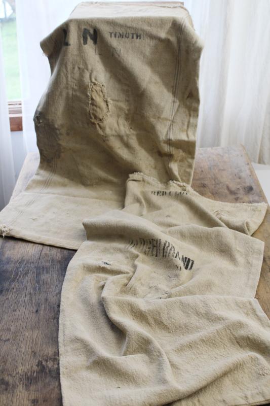 photo of primitive vintage grain sacks w/ patching and mending, seamless type heavy cotton feed bags #1