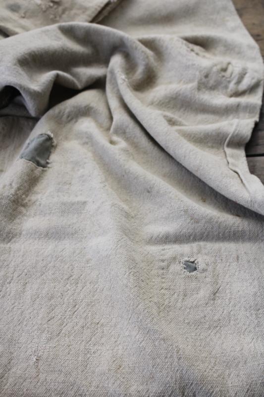photo of primitive vintage grain sacks w/ patching and mending, seamless type heavy cotton feed bags #2