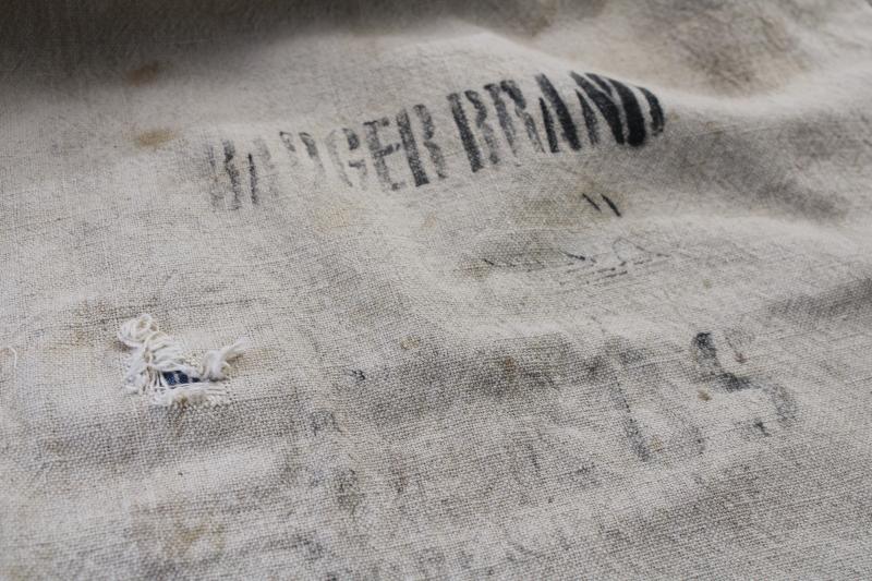 photo of primitive vintage grain sacks w/ patching and mending, seamless type heavy cotton feed bags #4