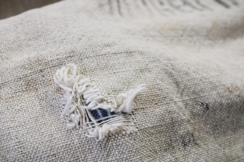 photo of primitive vintage grain sacks w/ patching and mending, seamless type heavy cotton feed bags #5