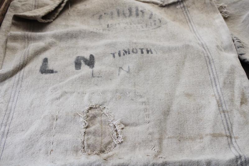 photo of primitive vintage grain sacks w/ patching and mending, seamless type heavy cotton feed bags #7