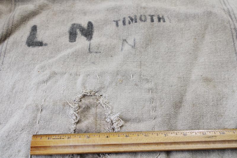 photo of primitive vintage grain sacks w/ patching and mending, seamless type heavy cotton feed bags #8
