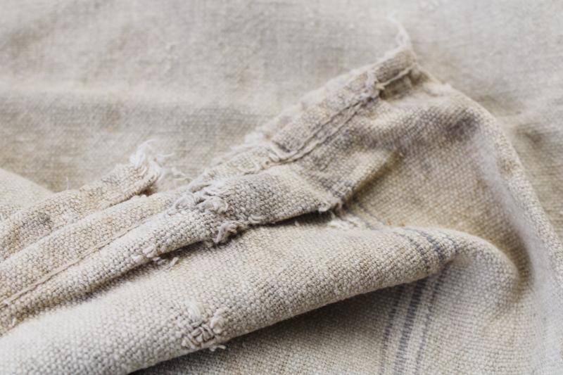 photo of primitive vintage grain sacks w/ patching and mending, seamless type heavy cotton feed bags #10
