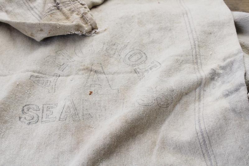 photo of primitive vintage grain sacks w/ patching and mending, seamless type heavy cotton feed bags #11
