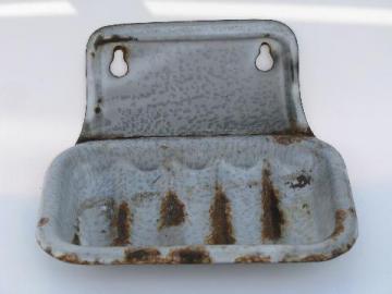 catalog photo of primitive vintage grey graniteware wall mount soap dish, for old farmhouse kitchen sink