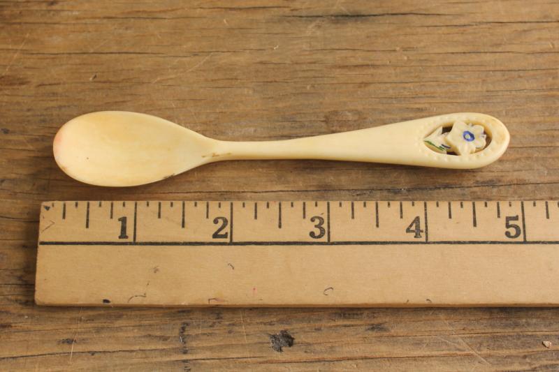 photo of primitive vintage handmade carved bone spoon, worn & stained tiny spoon made for a baby? #1