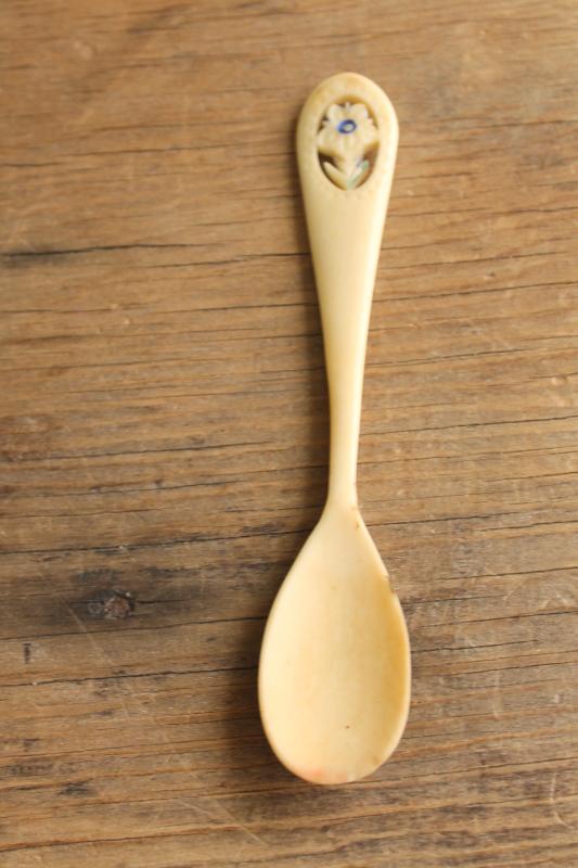 photo of primitive vintage handmade carved bone spoon, worn & stained tiny spoon made for a baby? #6