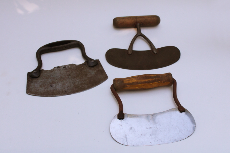 photo of primitive vintage kitchen tools, lot of three old & antique hand choppers carbon steel knives #1