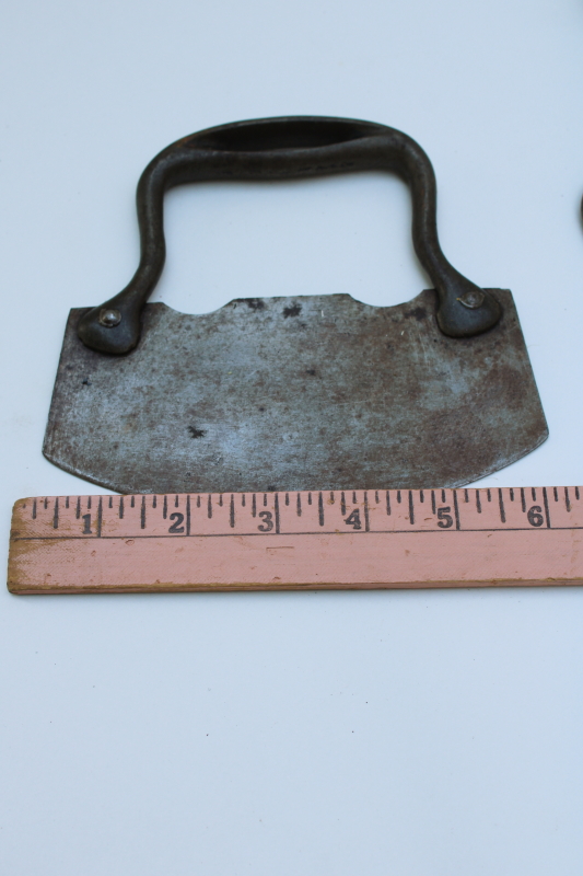 photo of primitive vintage kitchen tools, lot of three old & antique hand choppers carbon steel knives  #4