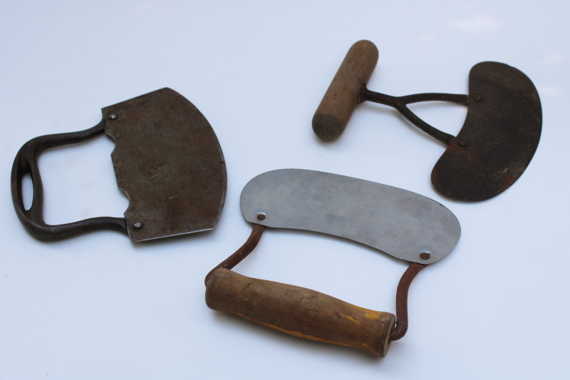 photo of primitive vintage kitchen tools, lot of three old & antique hand choppers carbon steel knives  #5