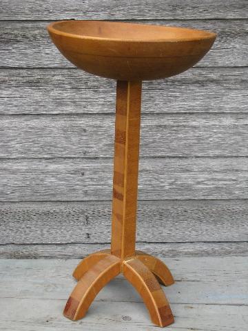 photo of primitive vintage needlework stand, big wood bowl to hold sewing, knitting #1