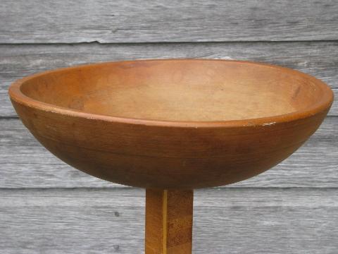 photo of primitive vintage needlework stand, big wood bowl to hold sewing, knitting #2