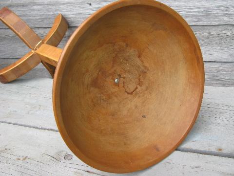 photo of primitive vintage needlework stand, big wood bowl to hold sewing, knitting #3