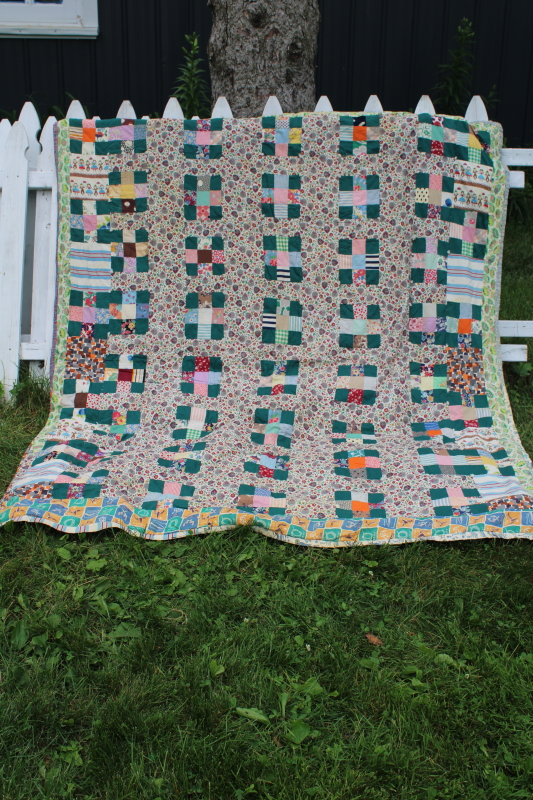 photo of primitive vintage patchwork quilt, handmade tied comforter old cotton print fabrics & feedsacks #1