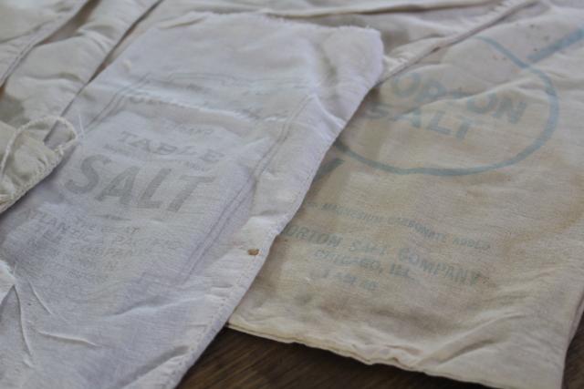 photo of primitive vintage salt & sugar bags, cotton feed sack fabric w/ printed advertising #2