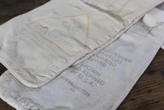 photo of primitive vintage salt & sugar bags, cotton feed sack fabric w/ printed advertising #3