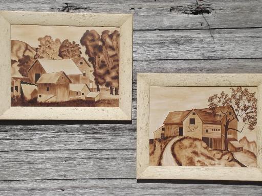 photo of primitive vintage sepia tone paintings, WPA era midwest farm barns #1