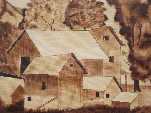 photo of primitive vintage sepia tone paintings, WPA era midwest farm barns #4